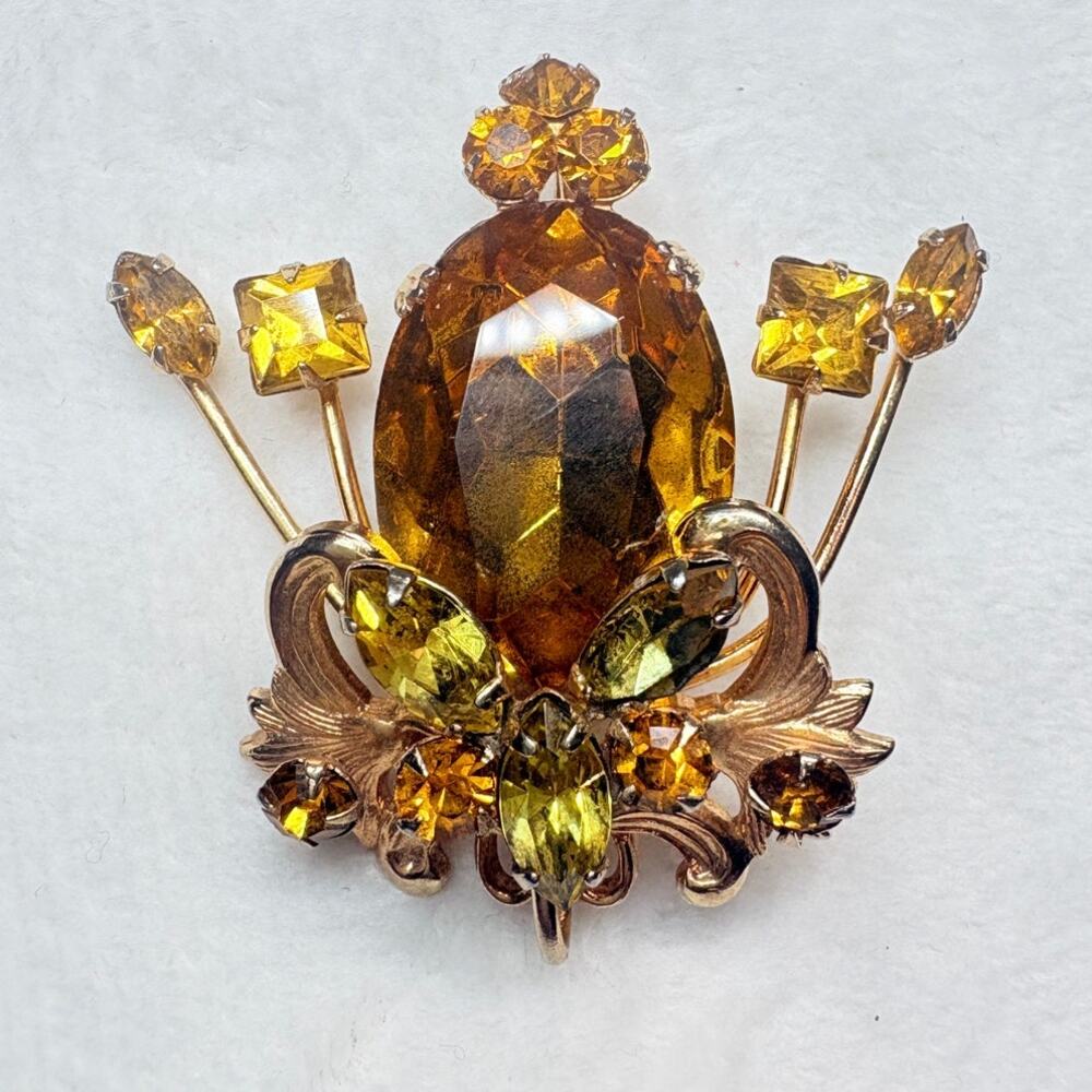 Vintage Amber & Chartreuse Rhinestone Brooch Pendant, Gold‑Tone Floral Burst